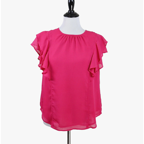 Ann Taylor Size M Flutter Sleeve Blouse Crinkle Chiffon Fuchsia Pink - Picture 2 of 12